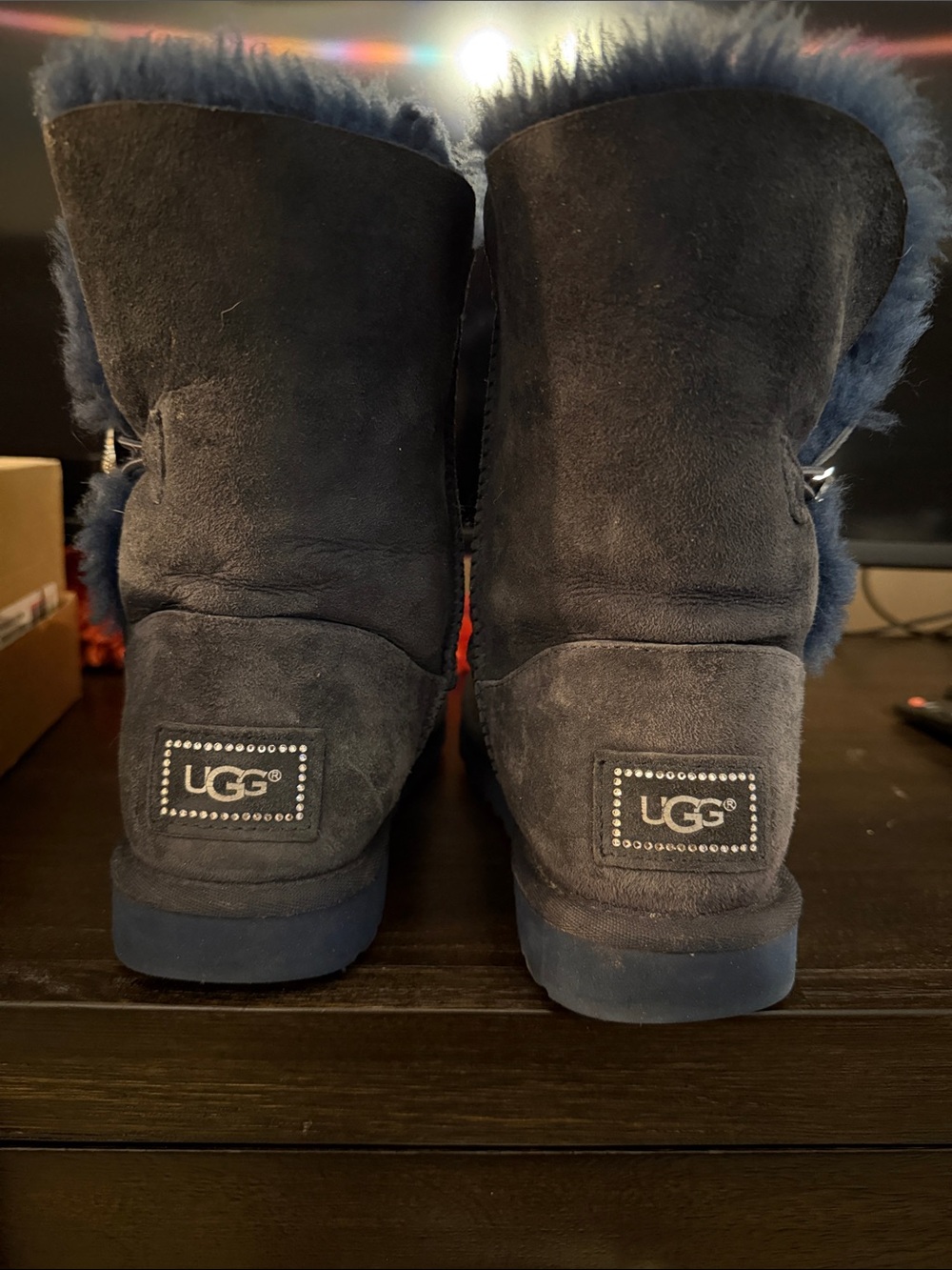 UGG Navy Suede Shearling Trim Short Boots